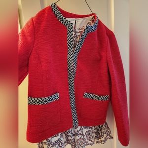 Red tweed jacket with decorative trim